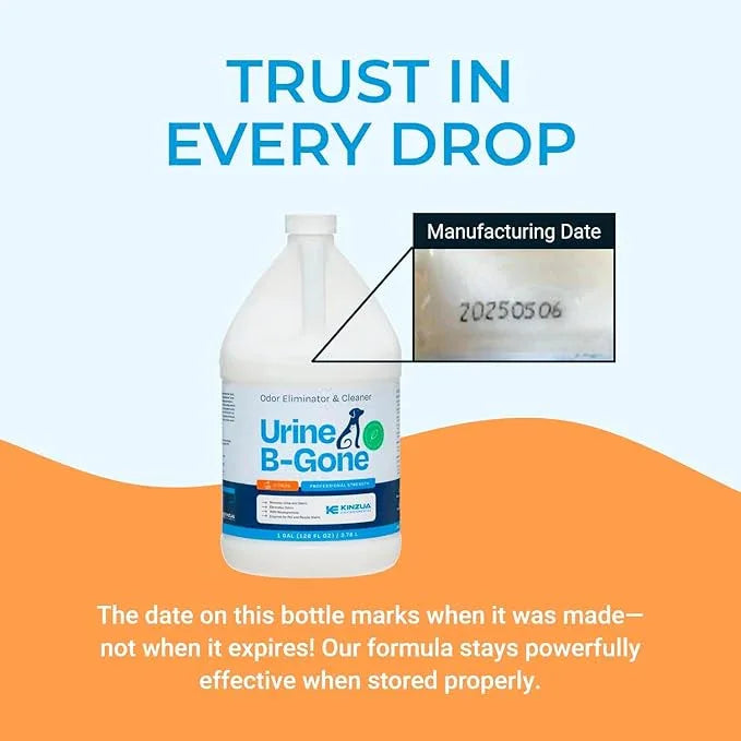 KINZUA ENVIRONMENTAL Urine B-Gone, Professional Enzyme Odor Eliminator & Pet Stain Remover, Human, Cat & Dog Urine Cleaner, Effective on Laundry, Carpets & More, Citrus Scent, 1 Gallon - NeatNest