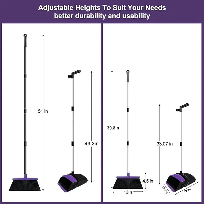 Broom with Dustpan Combo Set, 51" Household Dustpans and Broom, Standing Dust Pan Set for Home, Purple Cleaning Set for Kitchen Lobby Indoor Outdoor - NeatNest
