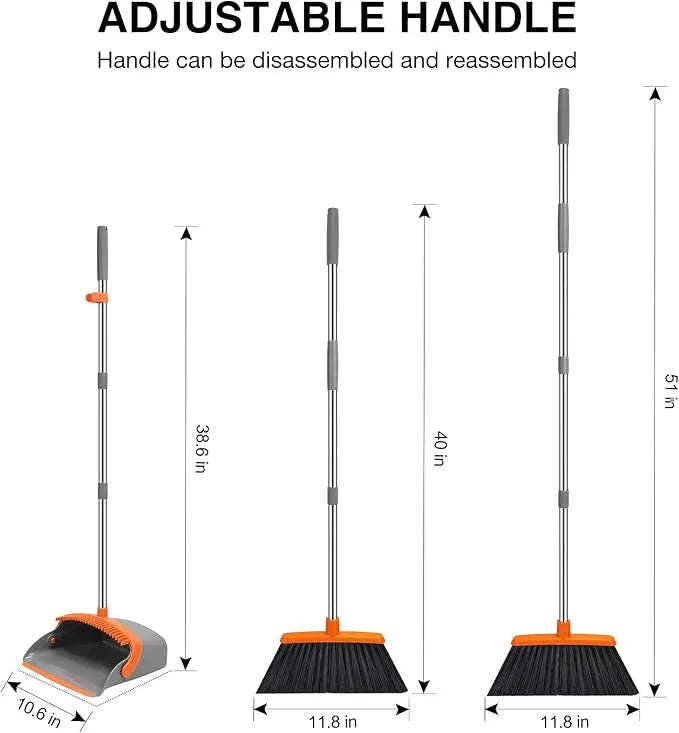 NACENA Broom and Dustpan Set, 52-in Long Adjustable Handle Broom Dustpan Combo with Dustpan Teeth to Automatically Clean Hair Suitable for Home Kitchen Office Hall Floor (Grey&Orange), 4 Pack - NeatNest