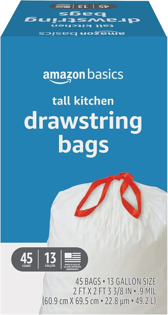 Amazon Basics Trash Bags, Tall Kitchen Drawstring, Unscented, 13 Gallon, 45 Count, Pack of 1 - NeatNest
