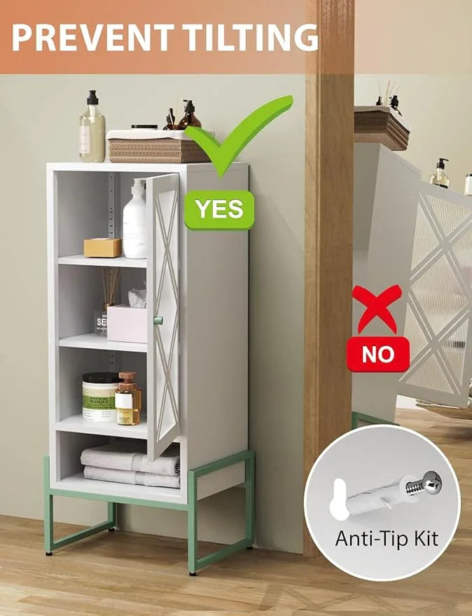 Metal Storage Cabinet with Adjustable Shelves, 42.53"H Freestanding Organizer for Pantry, Kitchen, Bathroom & Laundry Room, Strong & Rust-Resistant, Easy Assembly (White+Green Transparent Door Panel) - NeatNest