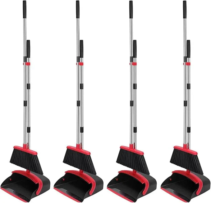 NACENA Broom and Dustpan Set, 52-in Long Adjustable Handle Broom Dustpan Combo with Dustpan Teeth to Automatically Clean Hair Suitable for Home Kitchen Office Hall Floor (Black&Red), 4 Pack - NeatNest