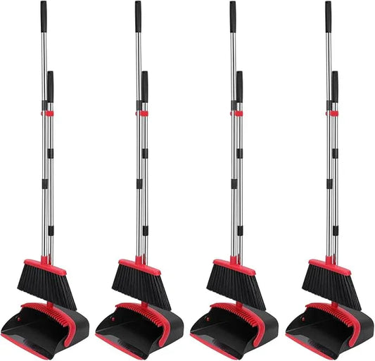NACENA Broom and Dustpan Set, 52-in Long Adjustable Handle Broom Dustpan Combo with Dustpan Teeth to Automatically Clean Hair Suitable for Home Kitchen Office Hall Floor (Black&Red), 4 Pack - NeatNest