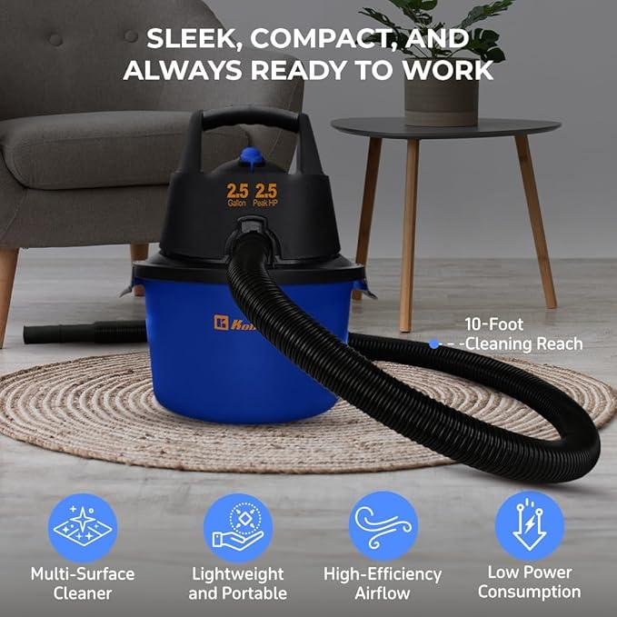 Koblenz WD-2.5L Portable Wet Dry Vacuum, 2.5-Gallon 2.5 PHP Suction Plus Blower Vacuum Cleaner for Liquids, Dust, Pet Hairs, 10’ Reach, For Car Cleaning, Wall-Mount Support, Parts Included, Blue/Black - NeatNest