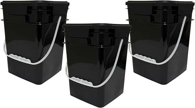 House Naturals 4 Gallon Square Food Grade Bucket Pail with Plastic Handles and Lid (Pack of 3) Made in USA containers (Black) - NeatNest