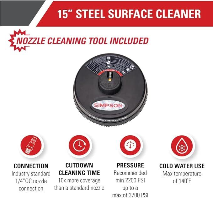 Simpson Cleaning 80165 Universal 15" Steel Pressure Washer Surface Cleaner for Cold Water Machines, 1/4" Quick Connection, Recommended Min 2200 PSI up to Max of 3700 PSI, Black - NeatNest