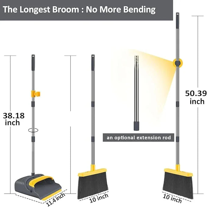 kelamayi Upgrade Broom and Dustpan Set, Broom with Dustpan Combo Set, Self-Cleaning with Dustpan Teeth, Indoor&Outdoor Sweeping, Stand Up Broom and Dustpan (Gray&Yellow) - NeatNest