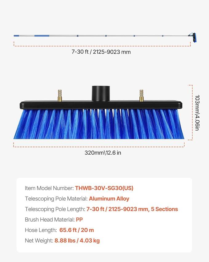 VEVOR Water Fed Pole Kit, 30FT Solar Panel Cleaning Pole with Extendable Handle, 180° Rotatable Brush Head & 65.6FT Hose, Household & Outdoor Window Cleaner Tool for Caravan Solar Panel Deck - NeatNest