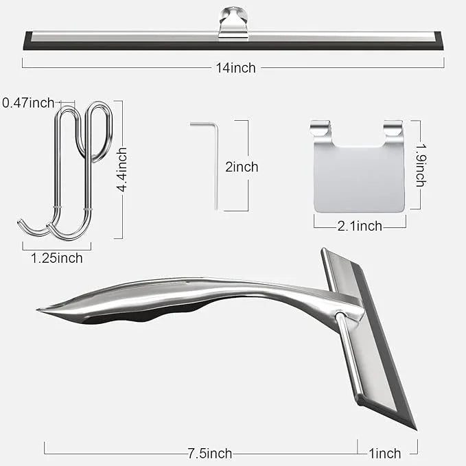 TOOVEM 14 Inch Shower Squeegee for Glass Doors, Window, Bathroom, Car Windshield, Shower Cleaning Tools with S Hook, Square Sticky Hook (Silver) - NeatNest