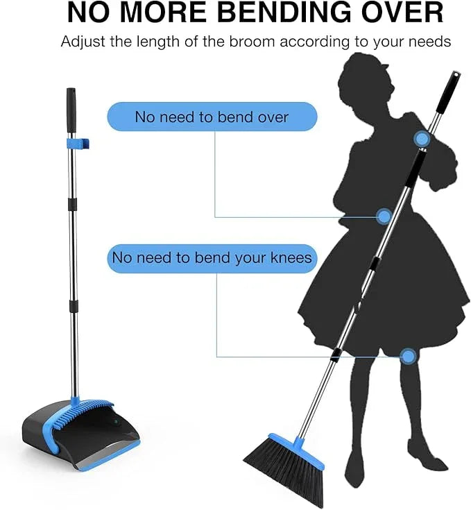 Broom and Dustpan Set, 52-in Long Adjustable Handle Broom Dustpan Combo with Dust pan Teeth to Automatically Clean Hair Suitable for Home Kitchen Office Hall Floor (Black&Blue), 4 Pack - NeatNest