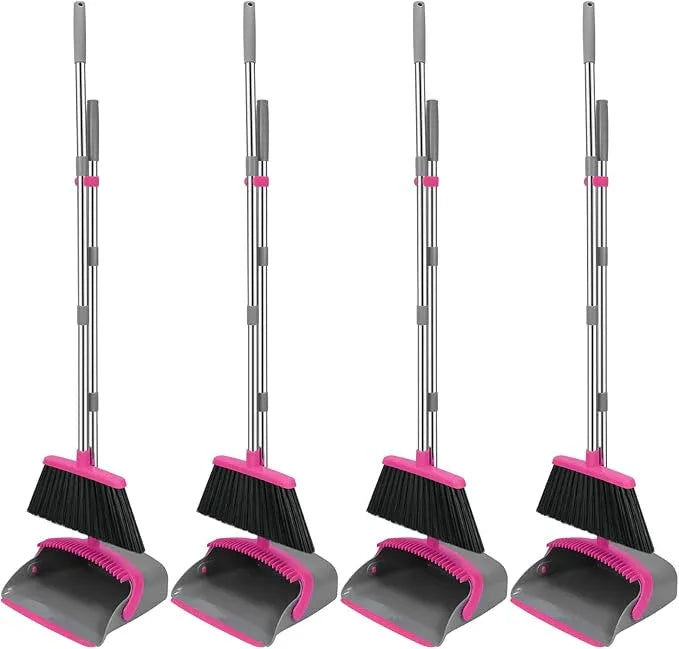 NACENA Broom and Dustpan Set, 52-in Long Adjustable Handle Broom Dustpan Combo with Dustpan Teeth to Automatically Clean Hair Suitable for Home Kitchen Office Hall Floor (Grey&Rose), 4 Pack - NeatNest