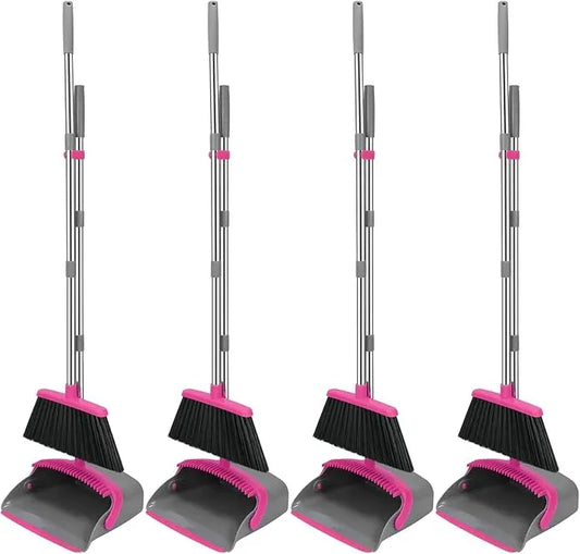 NACENA Broom and Dustpan Set, 52-in Long Adjustable Handle Broom Dustpan Combo with Dustpan Teeth to Automatically Clean Hair Suitable for Home Kitchen Office Hall Floor (Grey&Rose), 4 Pack - NeatNest
