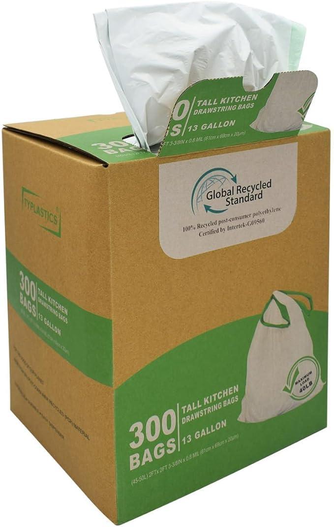 TYPLASTICS 300 Count 13 Gallon Tall Kitchen Drawstring Trash Bags, GRS Compliant, Eco-Friendly Recycled Material - NeatNest