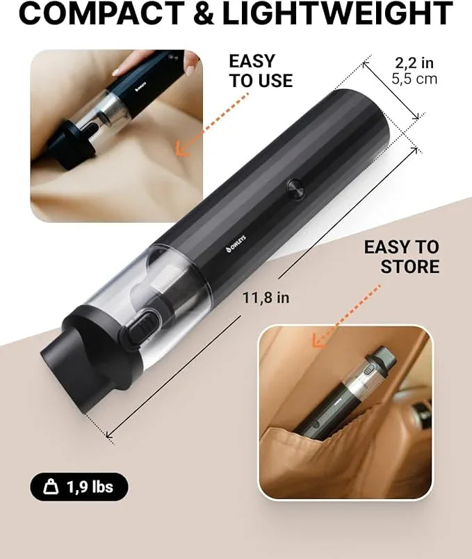 Owleys Portable Handheld Car Vacuum Cleaner with HEPA & Stainless Steel Filter, 6000–16000PA Suction, 85000 RPM Motor, 40-Min Battery Life, Cordless Mini Vacuum for Car, Home, and Office - NeatNest