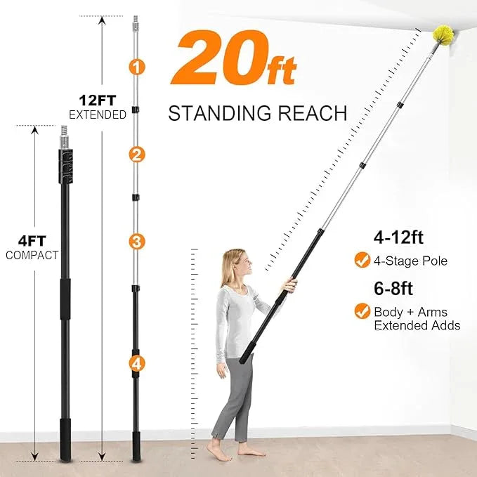 20 Foot Cobweb Duster with Extension Pole, 4-12ft Dusters for Cleaning with Bristles, High Reach Feather Duster for Outdoor Indoor, 4-Stage Spider Web Remover with Telescopic Pole for Ceiling Wall - NeatNest
