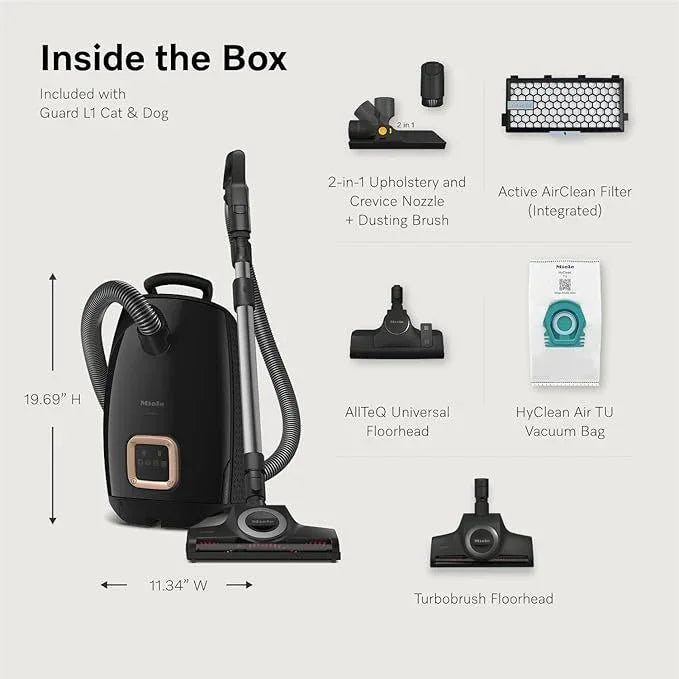 New Miele Guard L1 Cat & Dog Bagged Canister Vacuum for Pet Owners with Odor-Reducing Active AirClean Filter, TurboTeQ Floorhead, and AllTeQ Universal Floorhead, in Obsidian Black/Rose Gold - NeatNest