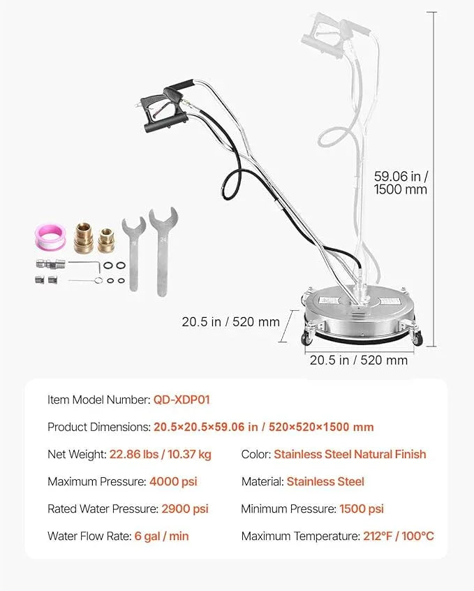 VEVOR 20" Pressure Washer Surface Cleaner, Stainless Steel Pressure Washer Attachments with 4 Wheels, 4000 Max PSI, 3/8 Quick Connector, 2 Spray Nozzles, Dual Handle, for Concrete, Patio, Sidewalk - NeatNest