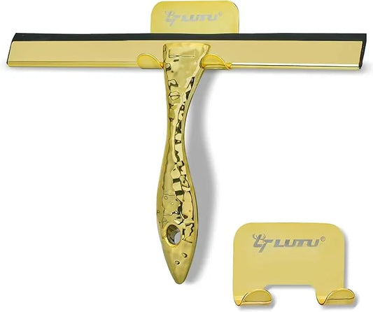 All-Purpose Silicone Shower Squeegee for Shower Glass Door,with 1 Hooks,for Bathroom Glass, Car, Tile Wall, Mirror Cleaning - Flower Shaped Handle for Easy-Grip 10 Inch Golden - NeatNest