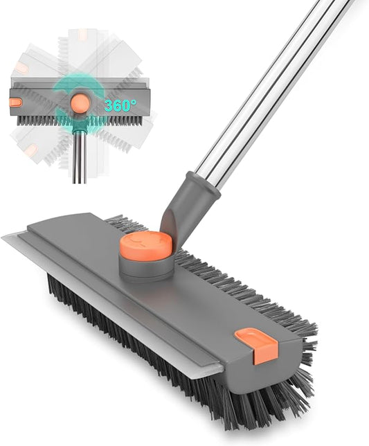 Floor Scrub Brush with Long Handle, BITOPE 3 in 1 Stiff Bristles Deck Brush 360° Rotating Floor Scrubber with Squeegee, Tweezer for Clean Patio, Deck, Tile, Concrete, Balcony Outdoor