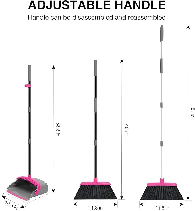 NACENA Broom and Dustpan Set, 52-in Long Adjustable Handle Broom Dustpan Combo with Dustpan Teeth to Automatically Clean Hair Suitable for Home Kitchen Office Hall Floor (Grey&Rose), 4 Pack - NeatNest