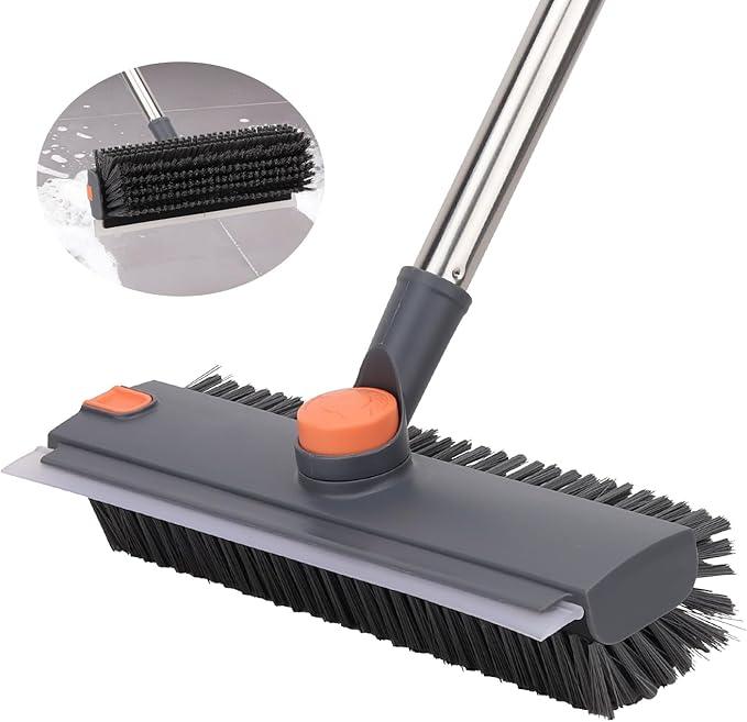 Floor Scrub Brush with 64" Long Handle - 360° Swivel Heads Household Push Brush with Squeegee and Right Angled Bristle for Cleaning Concrete Floors Grout Gardens Patio Deck Concrete Garage Heavy Duty - NeatNest