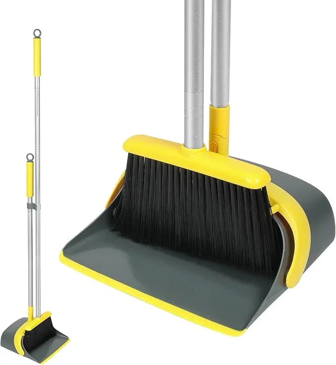Broom and Dustpan Set with 54 Inch Long Handle - Perfect Dust Pan and Brush Combo for Home Efficient Cleaning (Yellow and Grey) - NeatNest