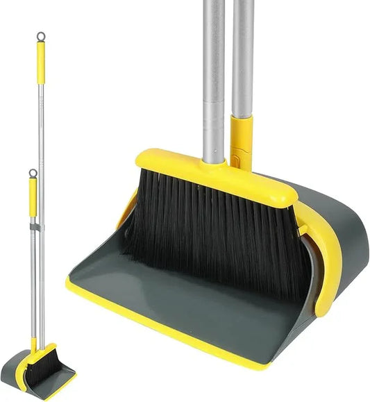 Broom and Dustpan Set with 54 Inch Long Handle - Perfect Dust Pan and Brush Combo for Home Efficient Cleaning (Yellow and Grey) - NeatNest