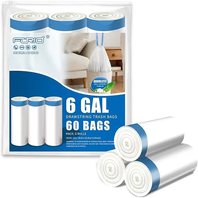 FORID Small Drawstring Trash Bags - 6 Gallon Plastic Trash Bags Heavy Duty White Trash Can Liners 60 Count Unscented Bin Bags for Kitchen Bathroom Office Home Bedroom 22 Liter - NeatNest