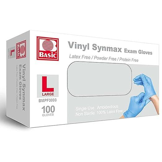 Basic Medical Synmax Vinyl Exam Gloves - Latex-Free & Powder-Free - Large, BMPF-3003 Blue Box of 100 - NeatNest