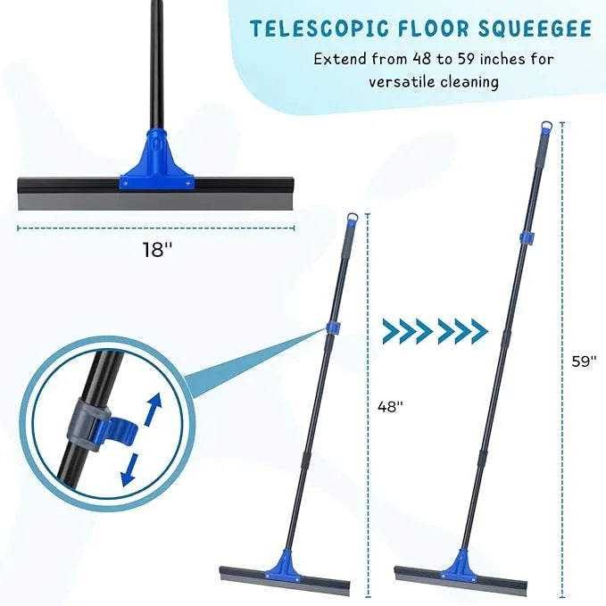Floor Squeegee with Telescopic Long Handle 59'', Heavy Duty 18" Rubber Wiper Broom for Concrete, Bathroom Tile, Garage, Deck - NeatNest