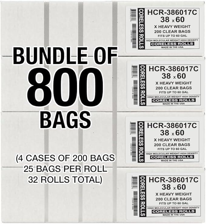 Aluf Plastics High Density Trash Bags, 60 Gallon, 800 Count, 17 Micron (eq), 38" x 60", Clear, for Bathroom, Office, Industrial, Commercial, Janitorial, Municipal, Recycling - NeatNest