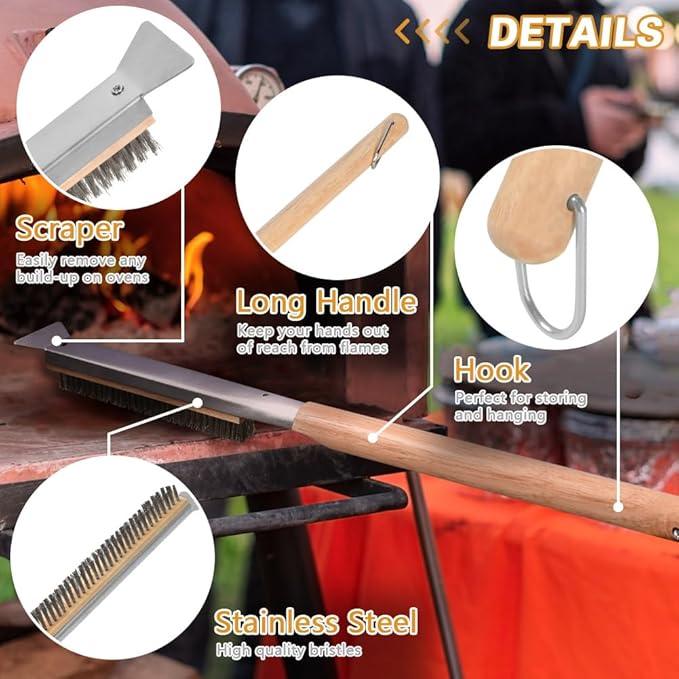 Aolso Pizza Oven Brush, 21" Brush and Stainless Steel Scraper for Pizza Stone, BBQ Grill Cleaning Brush Non Scratch Heat Proof Stainless Steel Bristles with Screwdriver for Pizza Oven Accessories - NeatNest