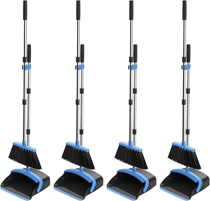 Broom and Dustpan Set, 52-in Long Adjustable Handle Broom Dustpan Combo with Dust pan Teeth to Automatically Clean Hair Suitable for Home Kitchen Office Hall Floor (Black&Blue), 4 Pack - NeatNest