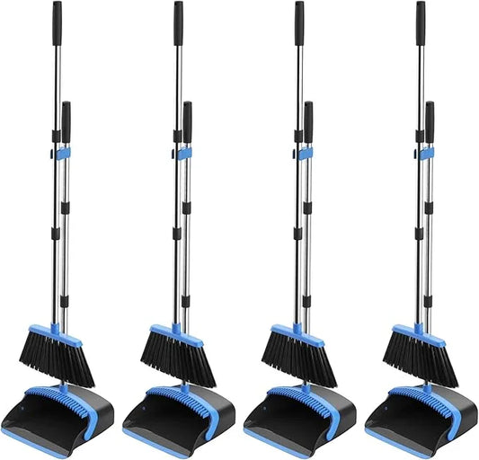 Broom and Dustpan Set, 52-in Long Adjustable Handle Broom Dustpan Combo with Dust pan Teeth to Automatically Clean Hair Suitable for Home Kitchen Office Hall Floor (Black&Blue), 4 Pack - NeatNest