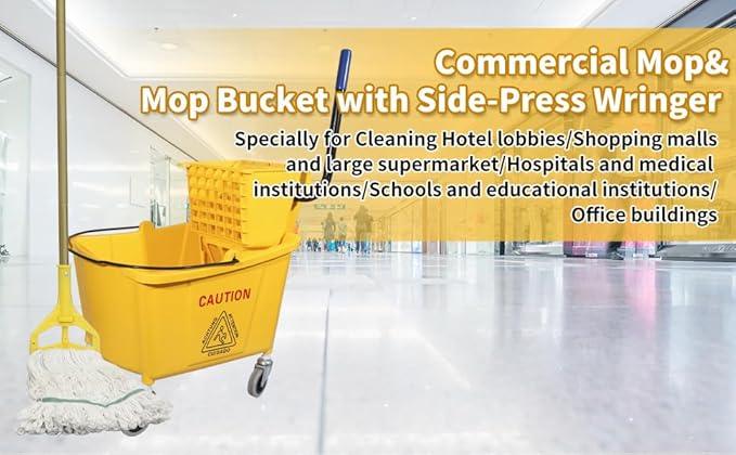 Commercial Mop Bucket with Side-Press Wringer for Floor Cleaning, 35 Quarts, Yellow, Including One Commercial Mop - NeatNest