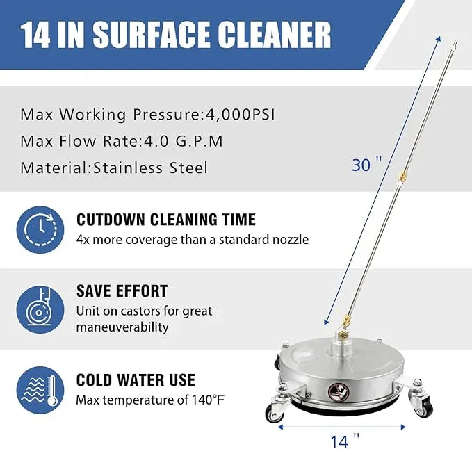 janz 14" Pressure Washer Surface Cleaner with 4 Wheels, Stainless Steel Housing, 1/4" Quick Plug, 2 Extension Wands, 2 Replacement Nozzles and 3 Spray Nozzles, 4000 PSI - NeatNest