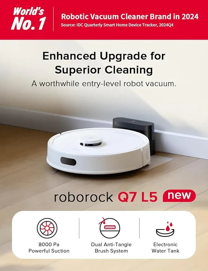roborock Q7 L5 Robot Vacuum and Mop Combo, 8,000Pa Suction, Upgraded from Q5 Pro, Dual Anti-Tangle System, LiDAR Navigation, No-Go Zones, Self-Charging Robotic Vacuum Cleaner, White - NeatNest