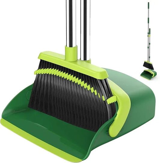 Broom and Dustpan Set, 52-in Long Adjustable Handle Broom Dustpan Combo with Dust pan Teeth to Automatically Clean Hair Suitable for Home Kitchen Office Hall Floor（Green） - NeatNest