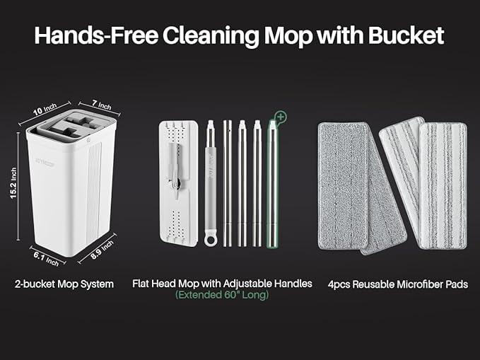 JOYMOOP Mop and Bucket Set with Wringer, Flat Mops for Floor Cleaning, Wall Mop Cleaner with Long Handle, Hardwood Floor Mop with 4 Microfiber Pads - NeatNest