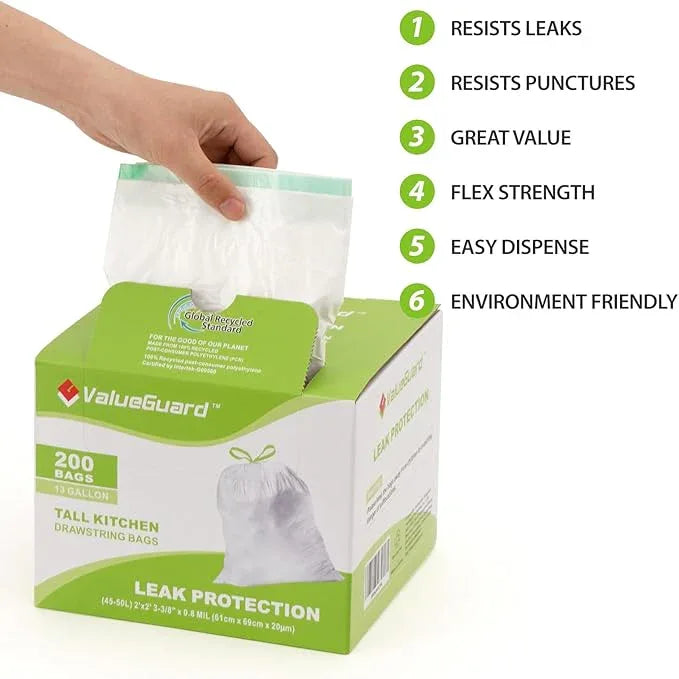 Large Trash Bag 13 Gallon Tall Drawstring 100% Post-Consumer Recycled Garbage Bag Waste Bag for Kitchen Office 0.8 Mil (200 Count) - NeatNest