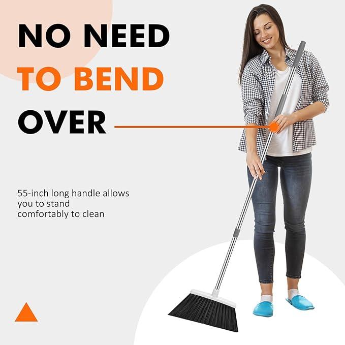 Heavy Duty Broom, 55 Inch Long Handle Outdoor Large Angle Brooms, Commercial Broom for Sweeping Indoor, for Home Garage Kitchen Office Courtyard Lobby Patio Lawn Concrete(Grey&White) - NeatNest