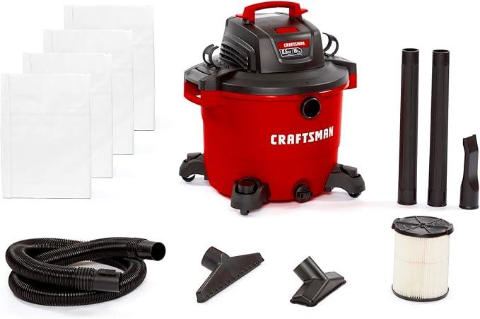 CRAFTSMAN CMXEVBE18595 16 Gallon 6.5 Peak HP Wet Dry Vac, Heavy-Duty Shop Vacuum Wet and Dry with Filter, 4 Dust Bags, Hose and Attachments for Home Projects & Renovations - NeatNest