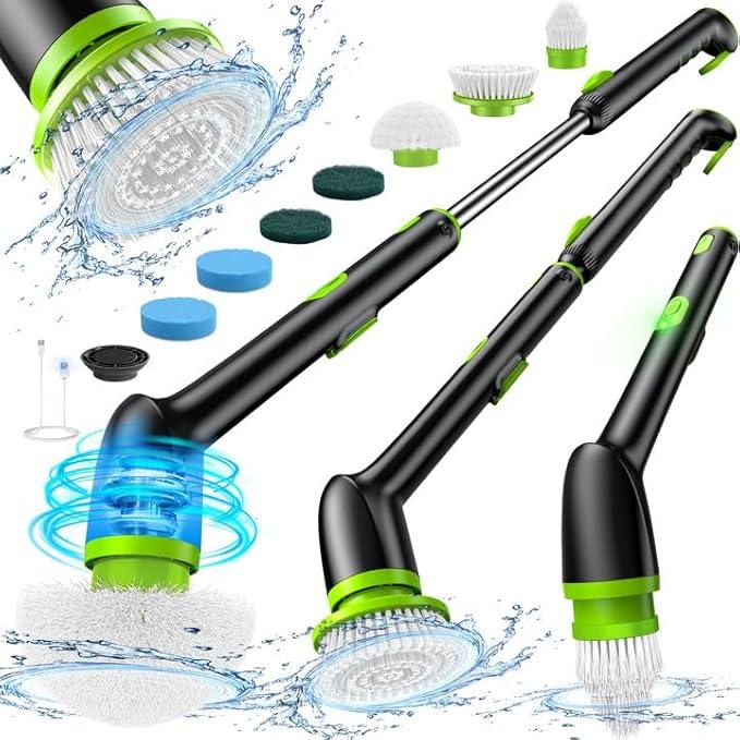 LyriFine Electric Spin Scrubber, 2024 New Full-Body IPX7 Waterproof Bathroom Cleaner Brush, Shower Scrubber with Long Handle & 2 Speed, Heads Replacement, Cleaning Supplies for Tub Shower Tile Floor - NeatNest