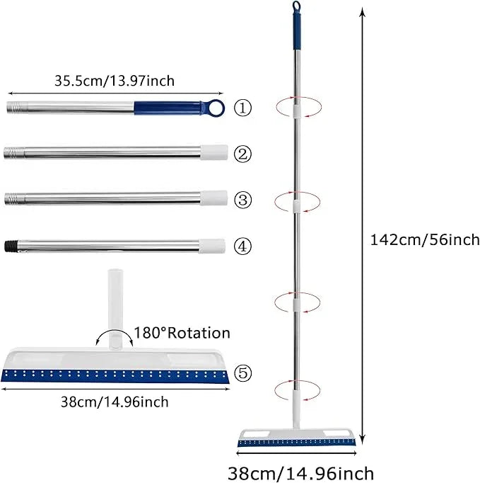 Multifunction Magic Air Broom, Silicone Broom with 56" Long Handle, 4 in 1 Rubber Squeegee Sweeper for Floor Bathroom Kitchen Shower Tile Pet Hair Fur Marble Glass Water Window Foam Cleaning (Blue) - NeatNest