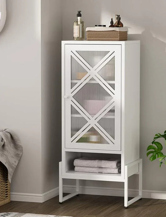 Metal Storage Cabinet with Adjustable Shelves, 42.51"H Freestanding Organizer for Pantry, Kitchen, Bathroom & Laundry Room, Strong & Rust-Resistant, Easy Assembly (White+Transparent Door Panel) - NeatNest