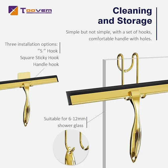 TOOVEM 12 Inch Shower Squeegee for Glass Doors, Window, Bathroom, Car Windshield, Shower Cleaning Tools with S Hook, Square Sticky Hook（Gold） - NeatNest