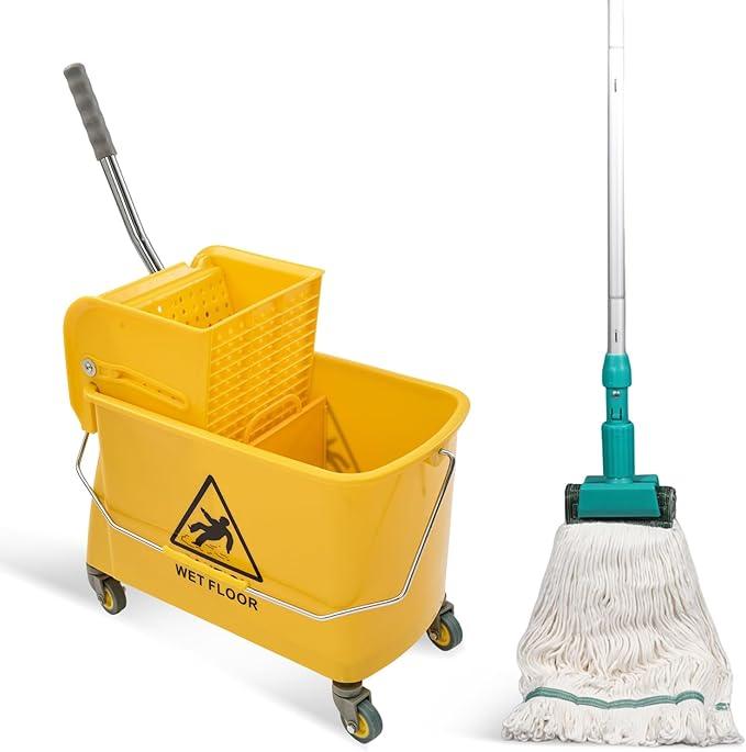 22 Qt (5.5 Gallon) Mop Bucket with Wringer for Floor Cleaning, Handle, Wheels, 16.5" L x 10.6" W x 26.4" H, Yellow,Add One Loop-end String Mop - NeatNest
