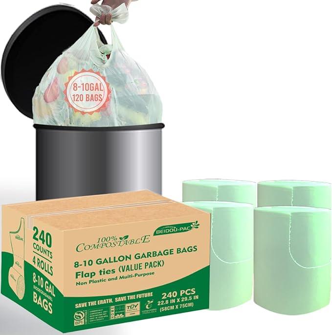 8-10 Gallon Flap Tie Compostable Trash Bags, 240 Count, Compost Bags Kitchen Trash Bags, Sturdy Biodegradable Garbage Bags Food Scrap Waste Bags, ASTM D6400, US BPI Certified, Green - NeatNest