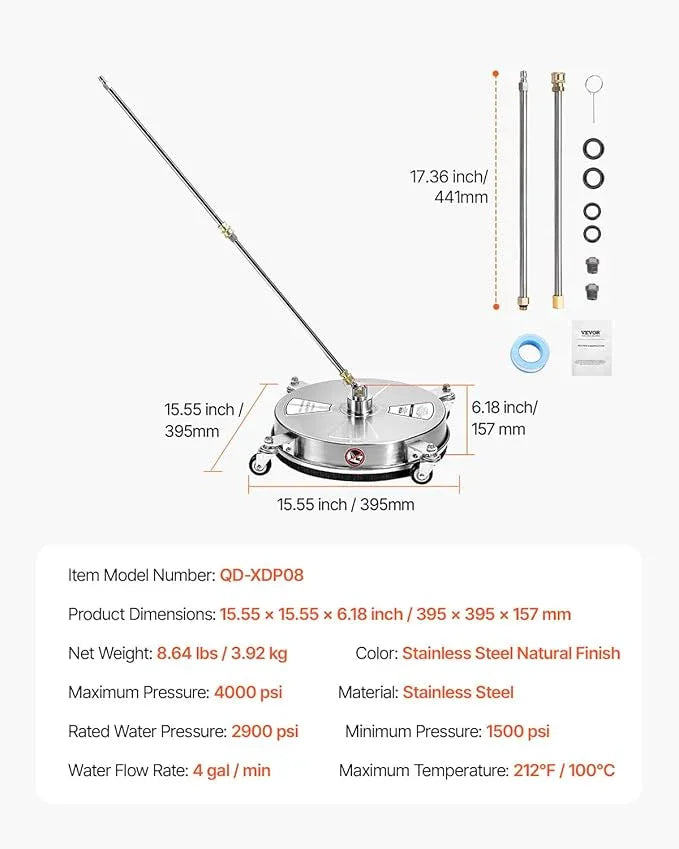 VEVOR 15" Pressure Washer Surface Cleaner, Stainless Steel Pressure Washer Attachments with 4 Wheels, 4000 Max PSI, 1/4 Quick Connector, 2 Spray Nozzles, 2 Extended Wands for Concrete, Patio, Deck - NeatNest