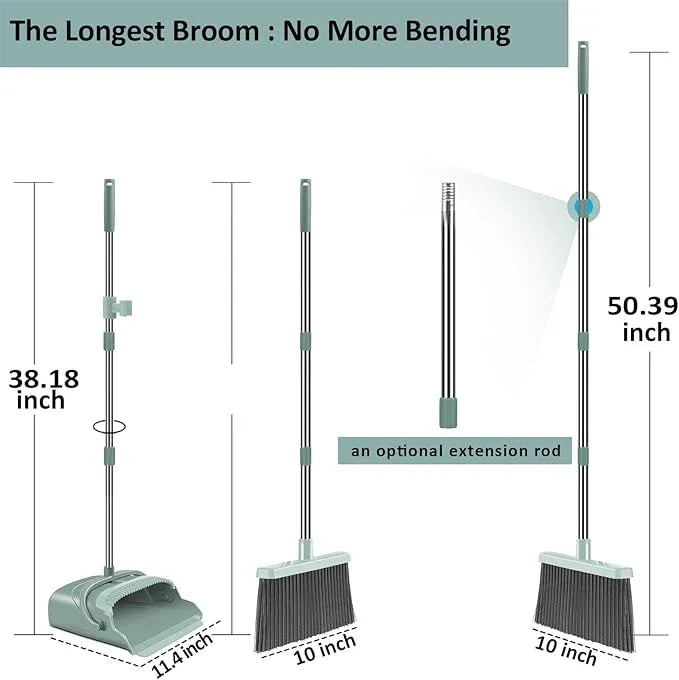 kelamayi Upgrade Broom and Dustpan Set, Large Size and with Long Handle, Upright,Ideal for Indoor Outdoor Garage Kitchen Room Office Lobby Use (Green) - NeatNest